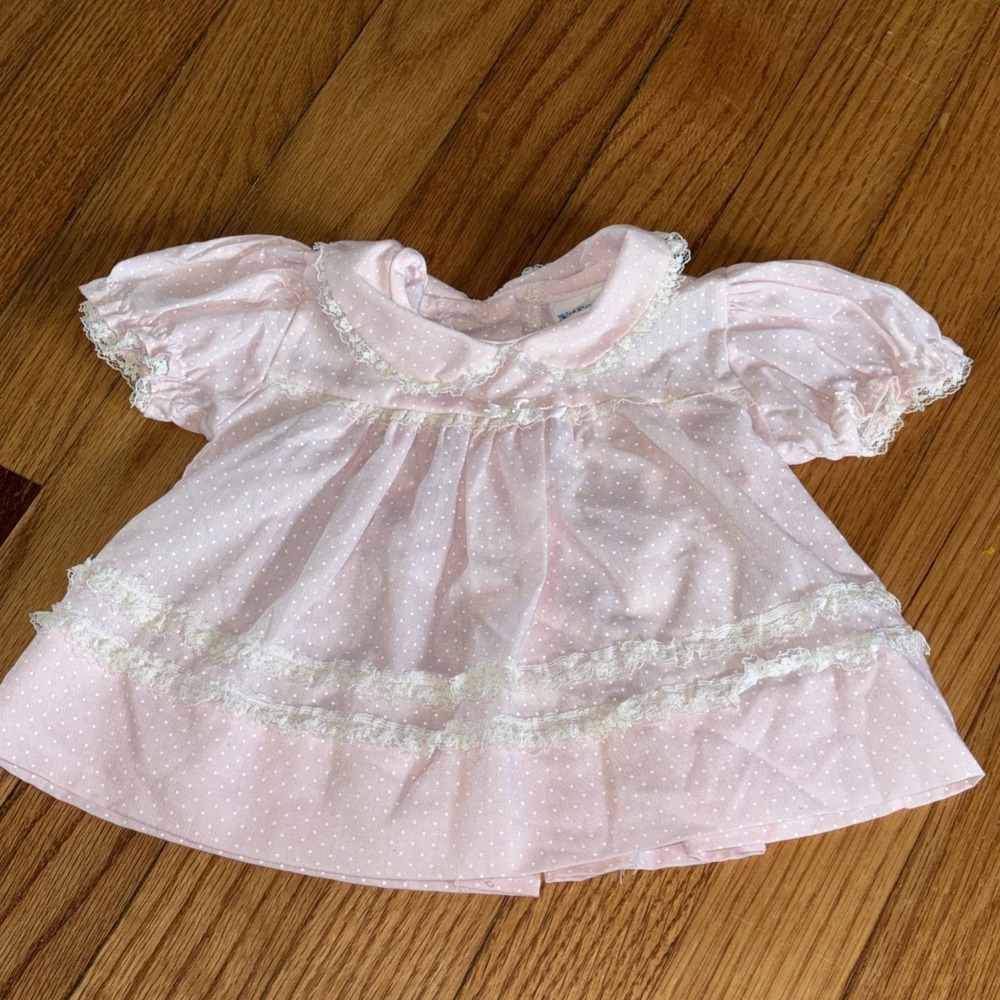 Vintage Nursery Rhyme Cutest Baby Girl Pink Lace Polka Dot‎ 0-3 Mo. Dress